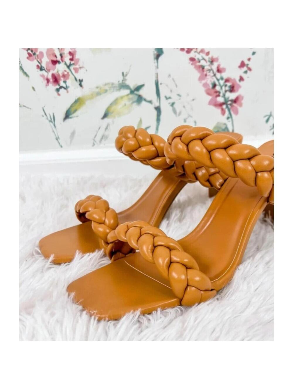 Braided Mule Heels Wide Square Toe Tan Camel Pumps Women's Brand New Dress Shoes